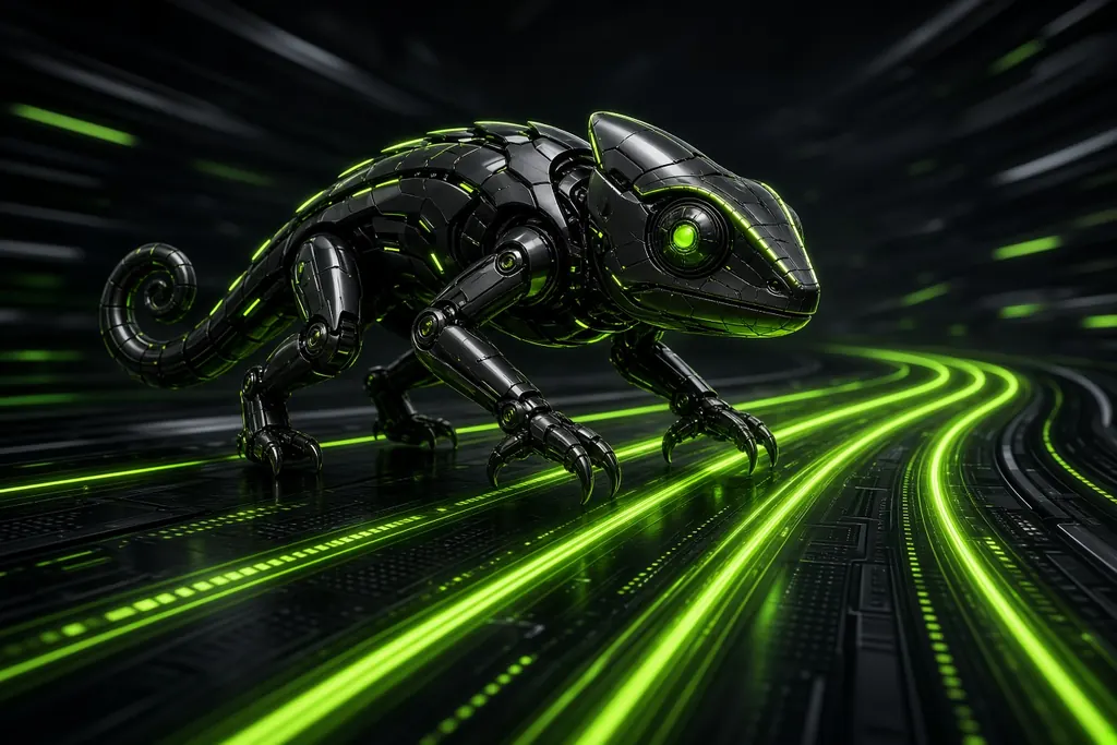A robotic chameleon racing across luminous data lanes generated with Grok Imagine