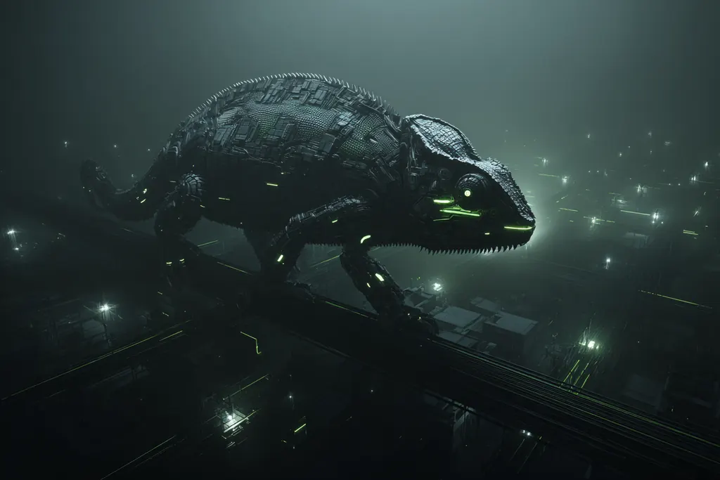 A monumental mechanical chameleon above a futuristic city generated with Midjourney
