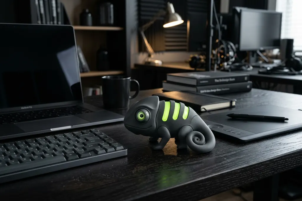A chameleon desk companion in a realistic creative studio generated with Nano Banana 2